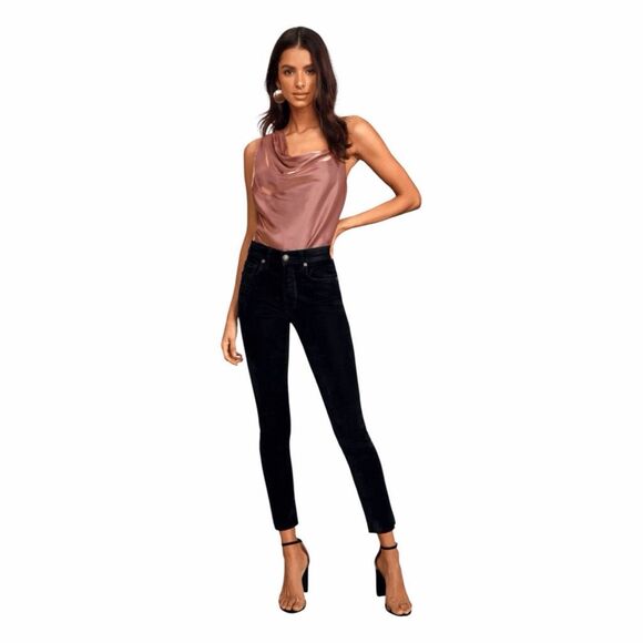 Free People We The Free Stella Black Velvet High-Rise Skinny Jeans 25 - Picture 1 of 9